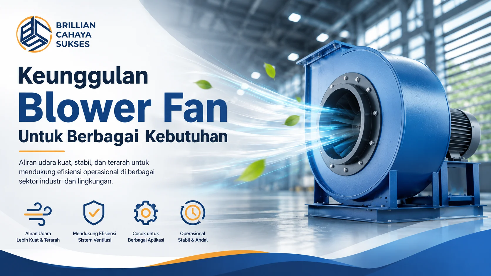 Ilustrasi blower fan industri dengan aliran udara kuat untuk mendukung berbagai kebutuhan sirkulasi udara dan ventilasi.