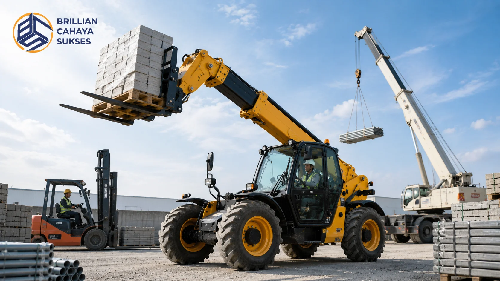 Telehandler mengangkat material konstruksi dengan jangkauan tinggi untuk mendukung efisiensi pengangkatan di area proyek.