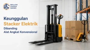 Ilustrasi keunggulan stacker elektrik yang lebih efisien dibanding alat angkat konvensional.