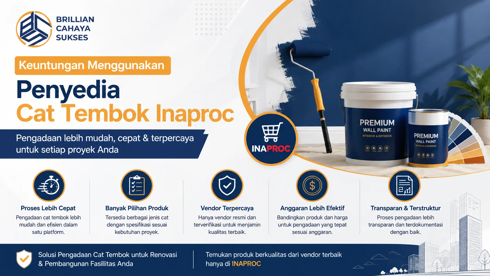Banner menampilkan produk cat tembok premium, alat pengecatan, serta informasi keuntungan pengadaan yang lebih cepat, transparan, dan terpercaya untuk proyek renovasi maupun pembangunan fasilitas.