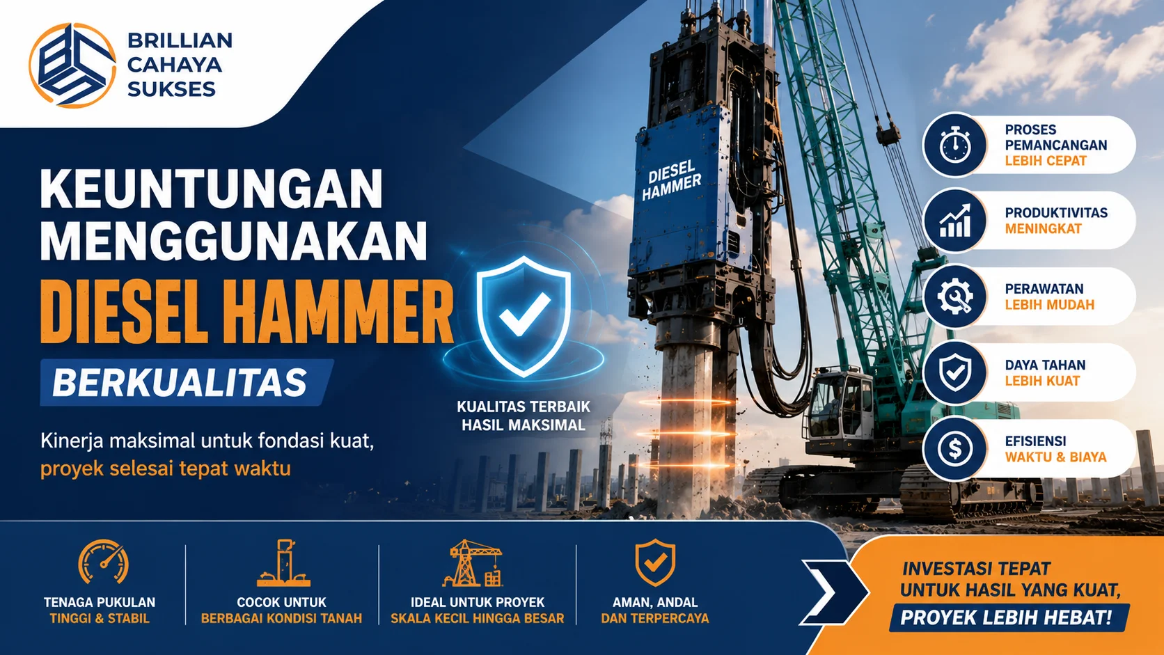 Banner diesel hammer berkualitas untuk proyek fondasi, menampilkan alat pemancang modern di area konstruksi dengan ikon yang menggambarkan efisiensi, produktivitas, dan daya tahan alat.