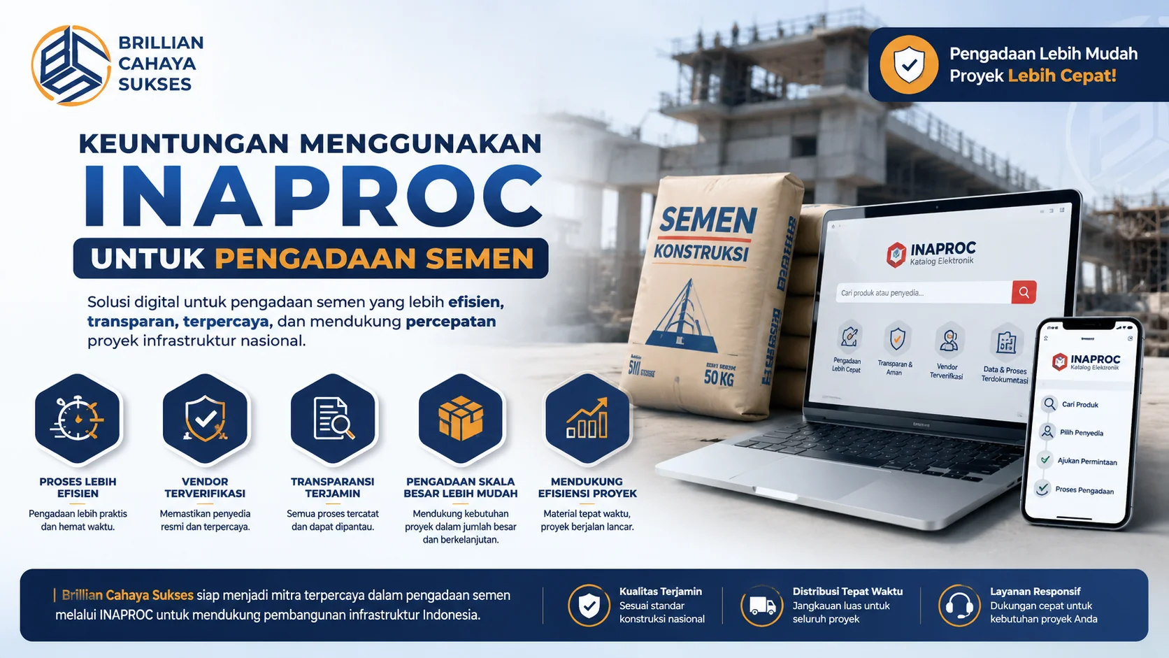 Banner ilustrasi digital pengadaan semen melalui Inaproc dengan tampilan platform online, material semen konstruksi, dan proyek infrastruktur yang menonjolkan efisiensi, transparansi, serta percepatan pengadaan pemerintah.