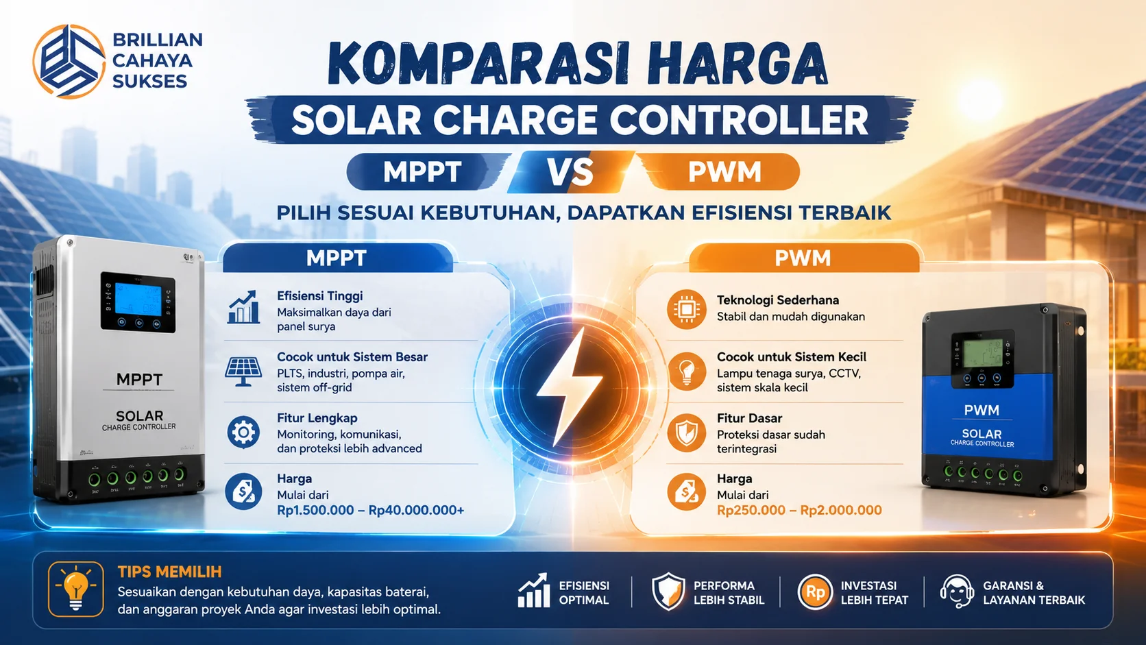 Gambar Perbandingan Solar Charge Controller MPPT dan PWM berdasarkan efisiensi, fitur, aplikasi, dan kisaran harga untuk sistem tenaga surya.