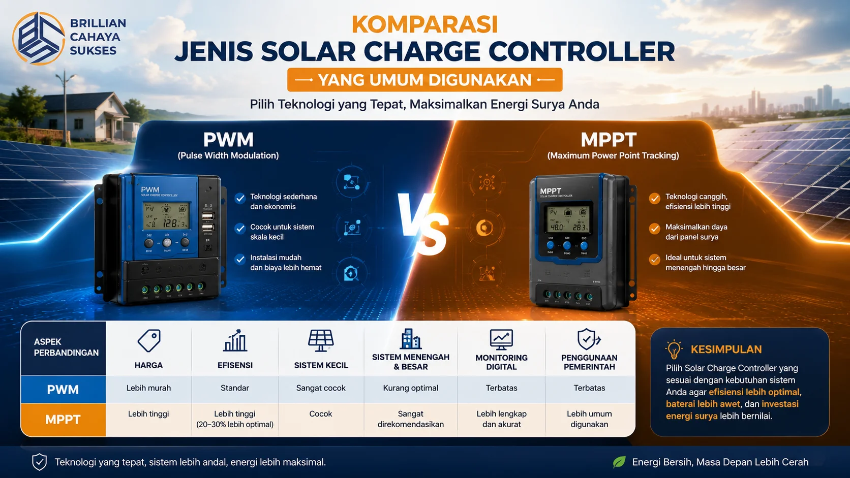 Banner komparasi Solar Charge Controller PWM dan MPPT yang menampilkan perbedaan efisiensi, fitur, dan aplikasi untuk berbagai kebutuhan sistem tenaga surya.