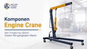 Ilustrasi Gambar Komponen engine crane dan fungsinya dalam sistem pengangkatan mesin untuk proses pengangkatan mesin industri secara aman dan efisien