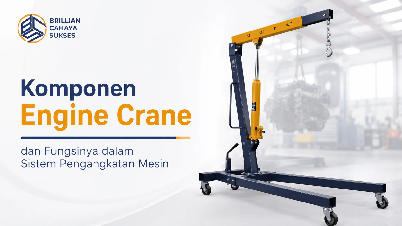 Ilustrasi Gambar Komponen engine crane dan fungsinya dalam sistem pengangkatan mesin untuk proses pengangkatan mesin industri secara aman dan efisien