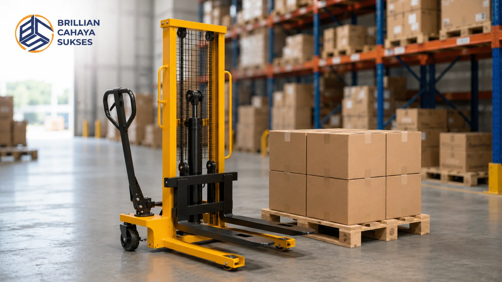 Hand stacker di dalam gudang modern yang menampilkan komponen utama untuk mendukung proses pengangkatan dan pemindahan pallet.