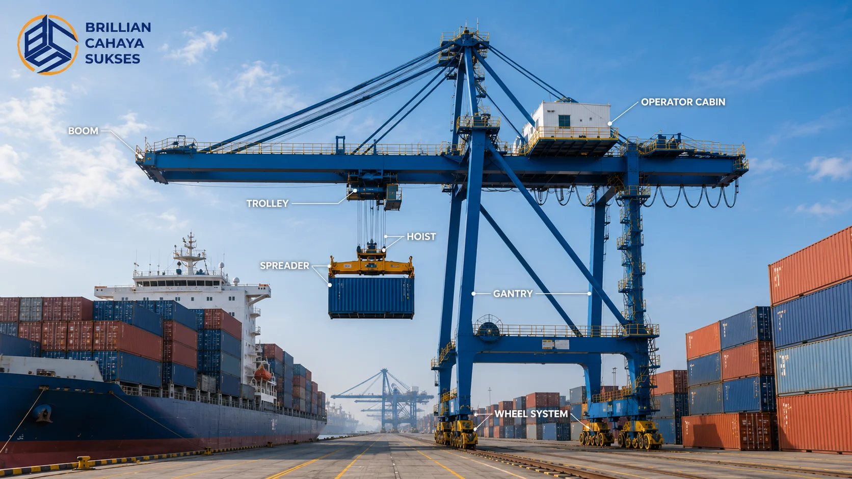 Ilustrasi komponen utama container crane seperti boom, trolley, hoist, spreader, gantry, dan operator cabin pada crane pelabuhan modern.