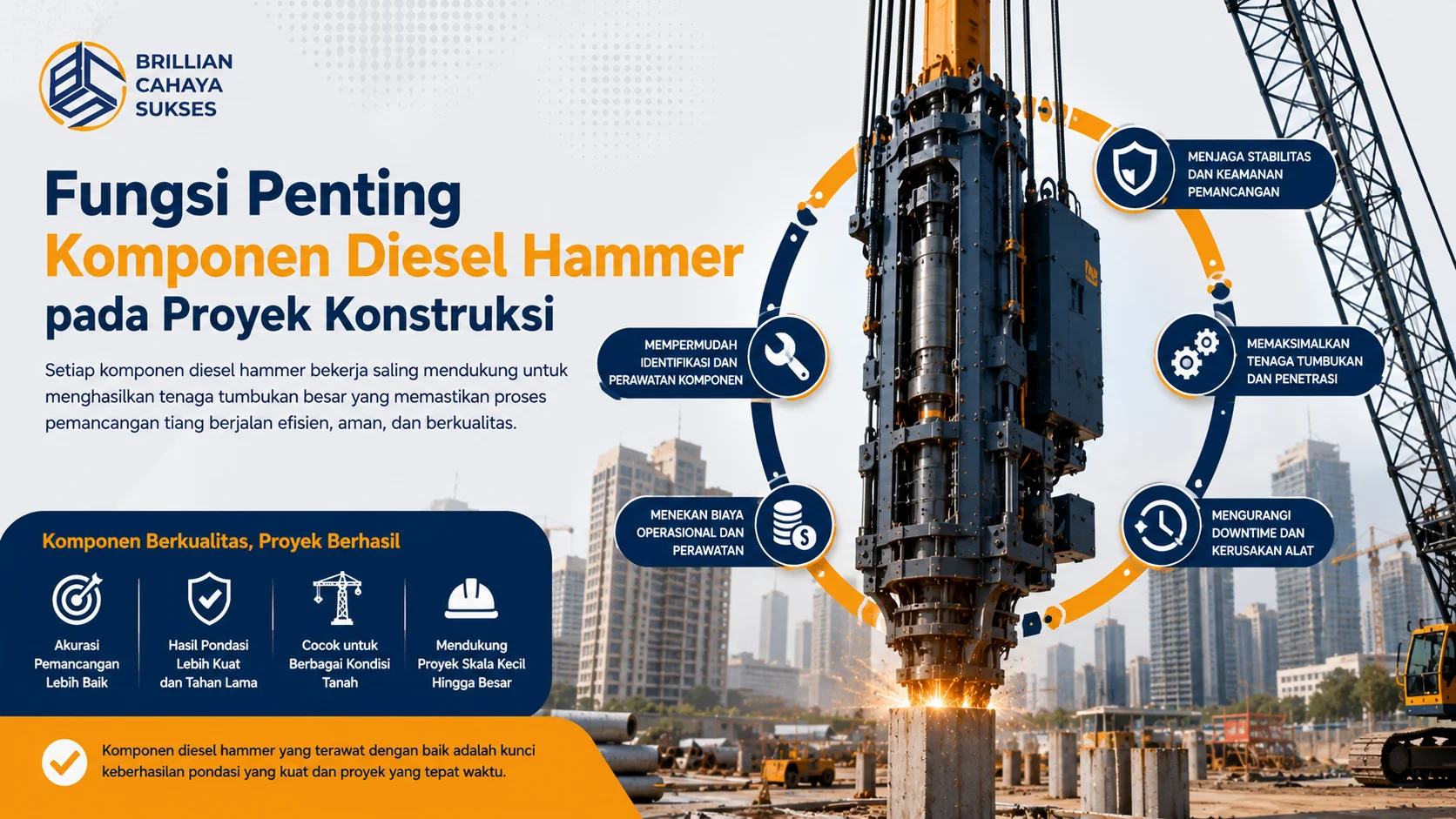 Ilustrasi diesel hammer yang digunakan pada proyek konstruksi dengan visual komponen utama dan manfaatnya dalam menjaga stabilitas, efisiensi, serta kekuatan proses pemancangan tiang pondasi.