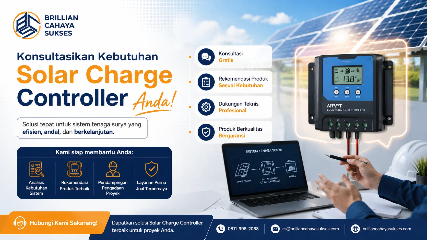 Konsultasi kebutuhan Solar Charge Controller untuk membantu memilih solusi pengendali pengisian daya yang tepat sesuai spesifikasi sistem tenaga surya.