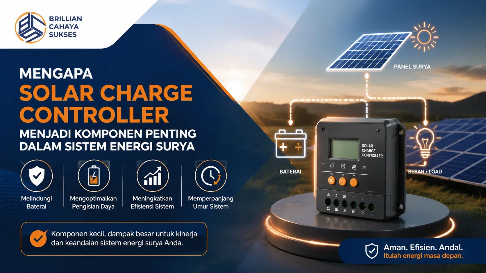 Ilustrasi Solar Charge Controller sebagai komponen penting dalam sistem energi surya untuk mengatur pengisian daya baterai.