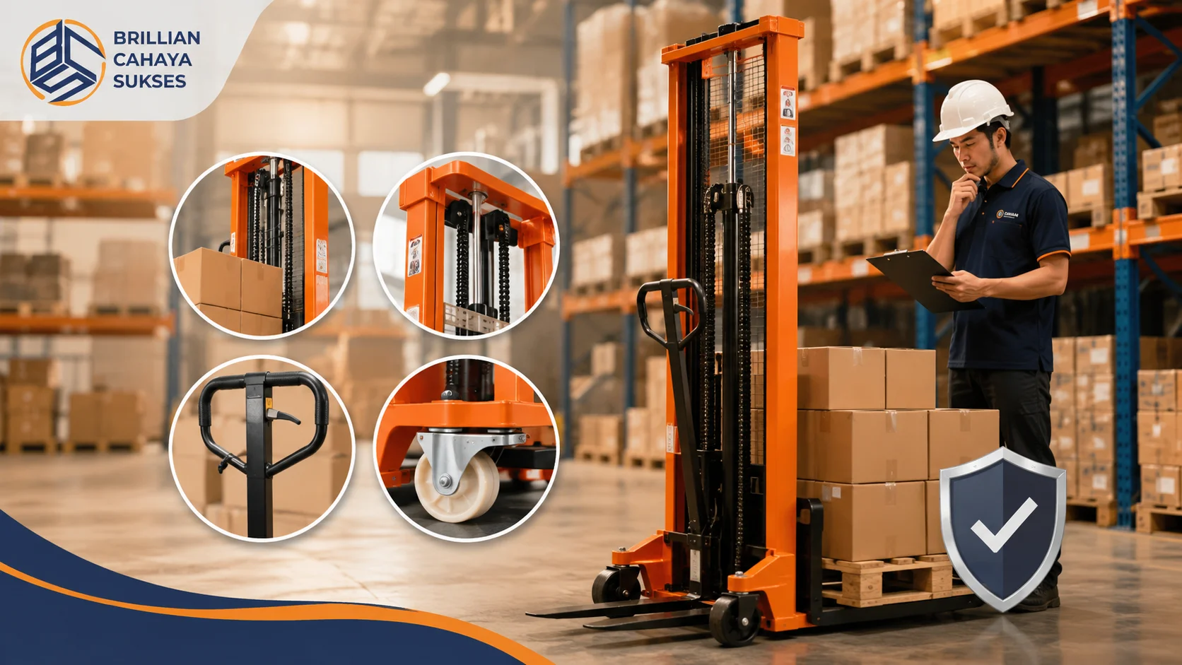 Ilustrasi proses memilih stacker manual yang tepat di gudang berdasarkan kapasitas angkat, tinggi lift, dan spesifikasi untuk mendukung operasional material handling.