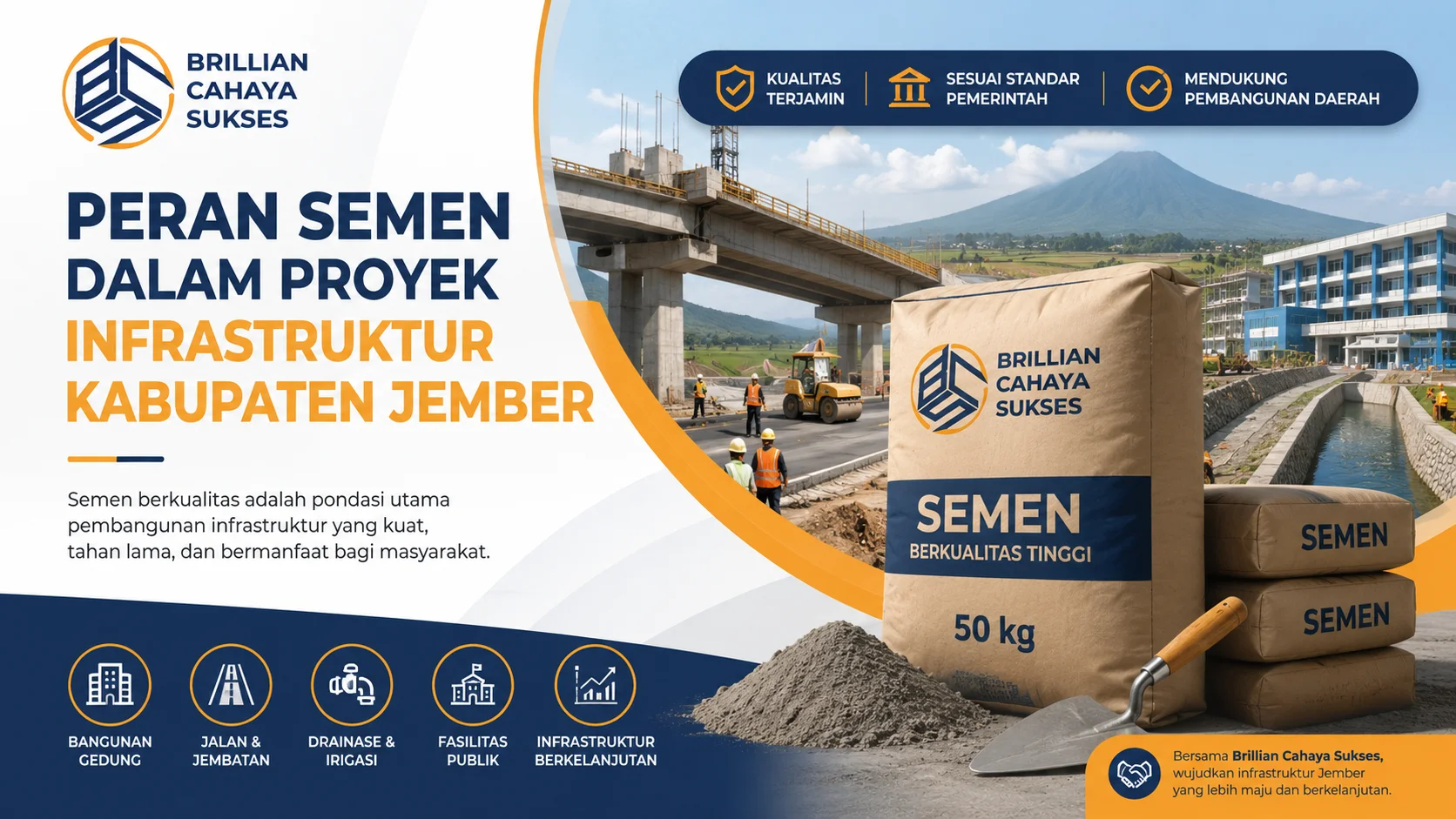 Banner ilustrasi proyek infrastruktur Kabupaten Jember yang menampilkan pembangunan jembatan, drainase, dan gedung publik.
