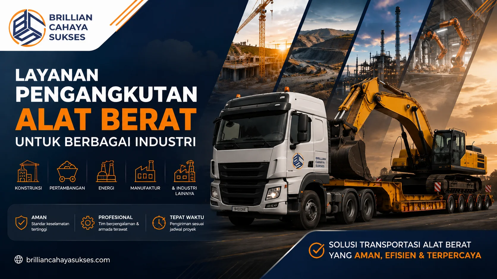 Truk multi axle mengangkut excavator alat berat dengan latar industri konstruksi, pertambangan, energi, dan manufaktur sebagai solusi transportasi proyek skala besar.