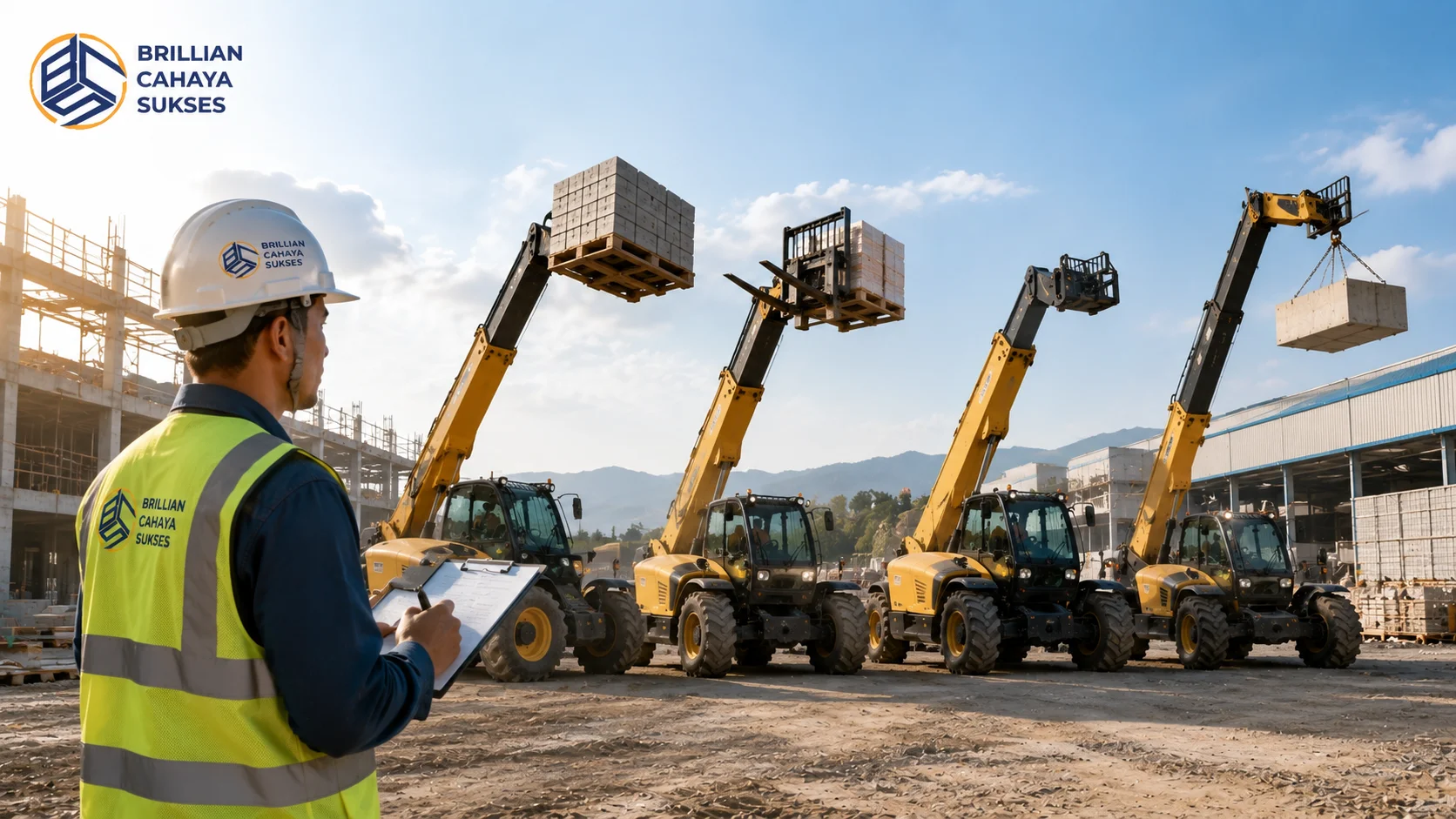 Operator meninjau berbagai jenis telehandler di area proyek untuk memilih alat yang sesuai dengan kebutuhan industri dan pekerjaan.