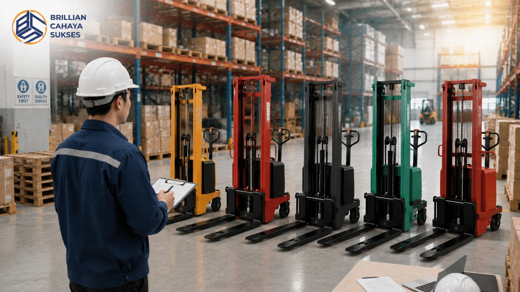 Ilustrasi operator gudang memilih hand stacker yang sesuai dengan kebutuhan operasional industri di area pergudangan modern.