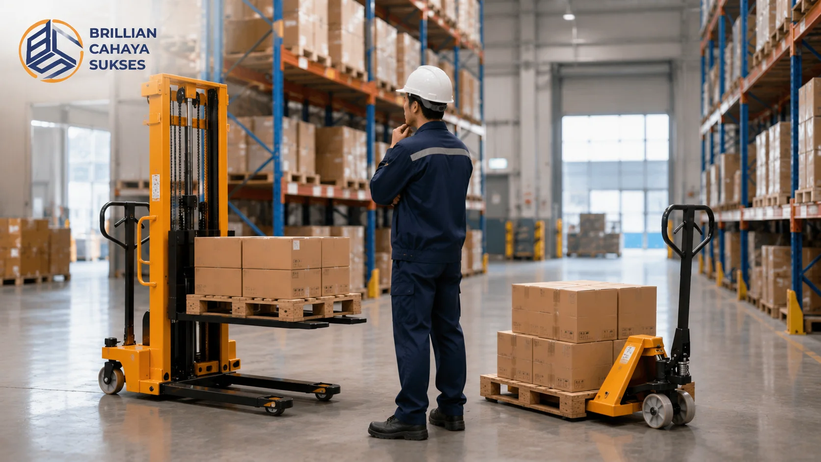 Ilustrasi pemilihan stacker manual dan hand pallet sesuai kebutuhan operasional gudang untuk meningkatkan efisiensi material handling.