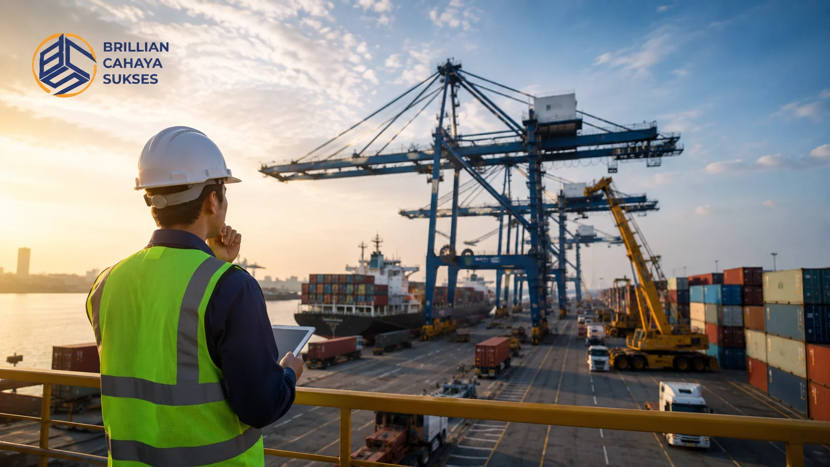 Ilustrasi petugas pelabuhan melakukan evaluasi operasional container crane di terminal peti kemas sebagai bagian dari proses pemilihan alat yang sesuai dengan kebutuhan.