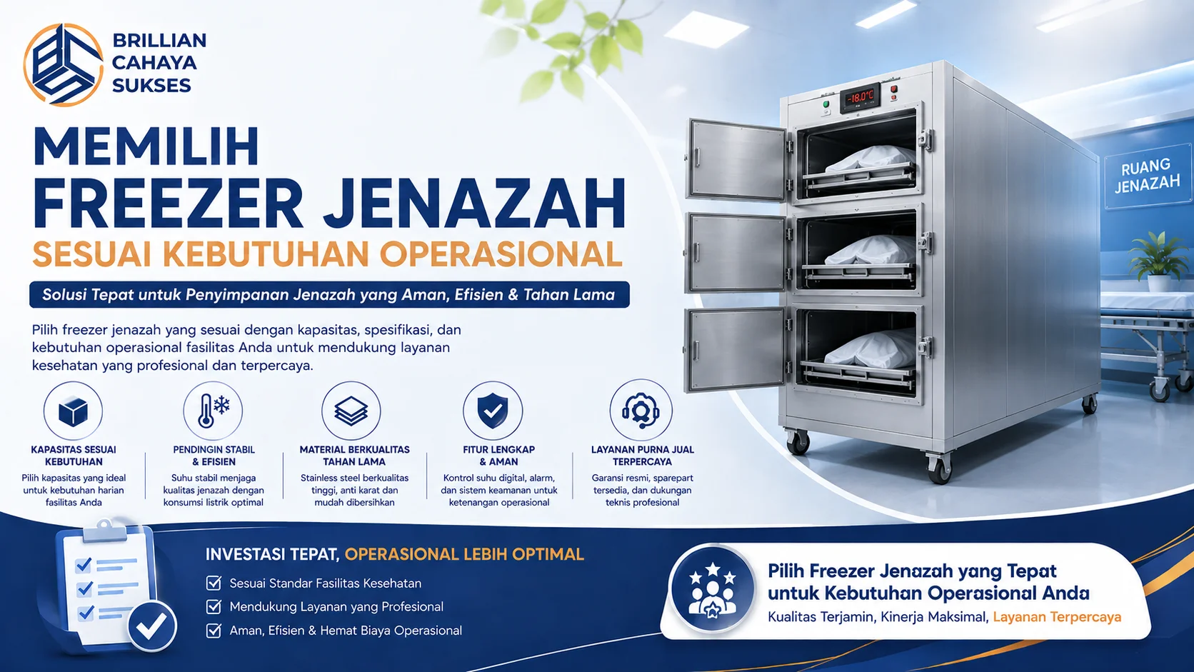 Banner pemilihan freezer jenazah sesuai kebutuhan operasional dengan ilustrasi freezer jenazah stainless steel berkapasitas besar dan desain memanjang untuk fasilitas kesehatan.