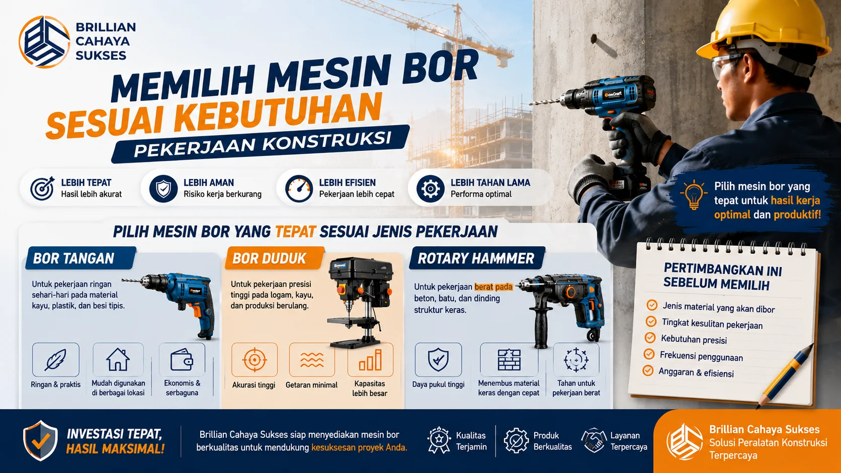 Banner ilustrasi pekerja konstruksi menggunakan mesin bor dengan panduan memilih jenis mesin bor yang tepat sesuai kebutuhan pekerjaan konstruksi.