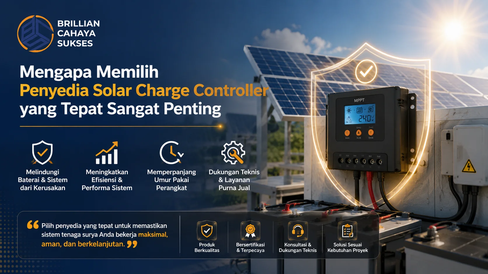 Penyedia Solar Charge Controller berkualitas untuk sistem tenaga surya dengan teknologi MPPT yang mendukung efisiensi, keamanan, dan keandalan operasional PLTS.