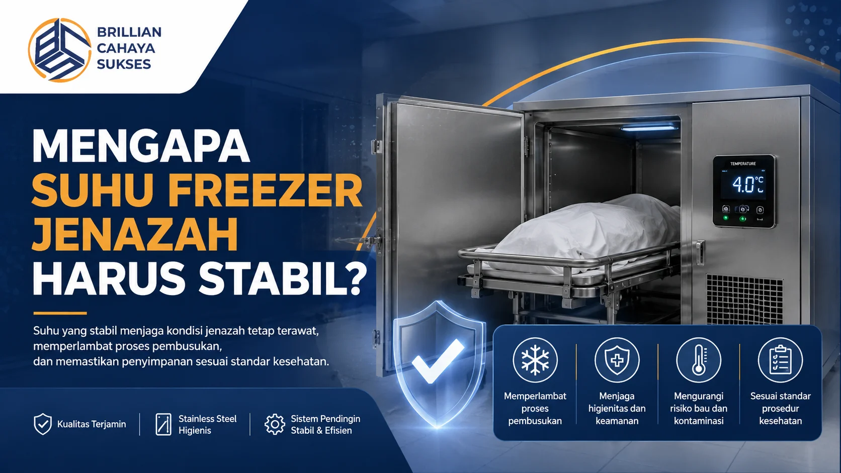Freezer jenazah stainless dengan suhu stabil dan panel kontrol digital untuk menjaga kondisi jenazah sesuai standar penyimpanan fasilitas kesehatan.
