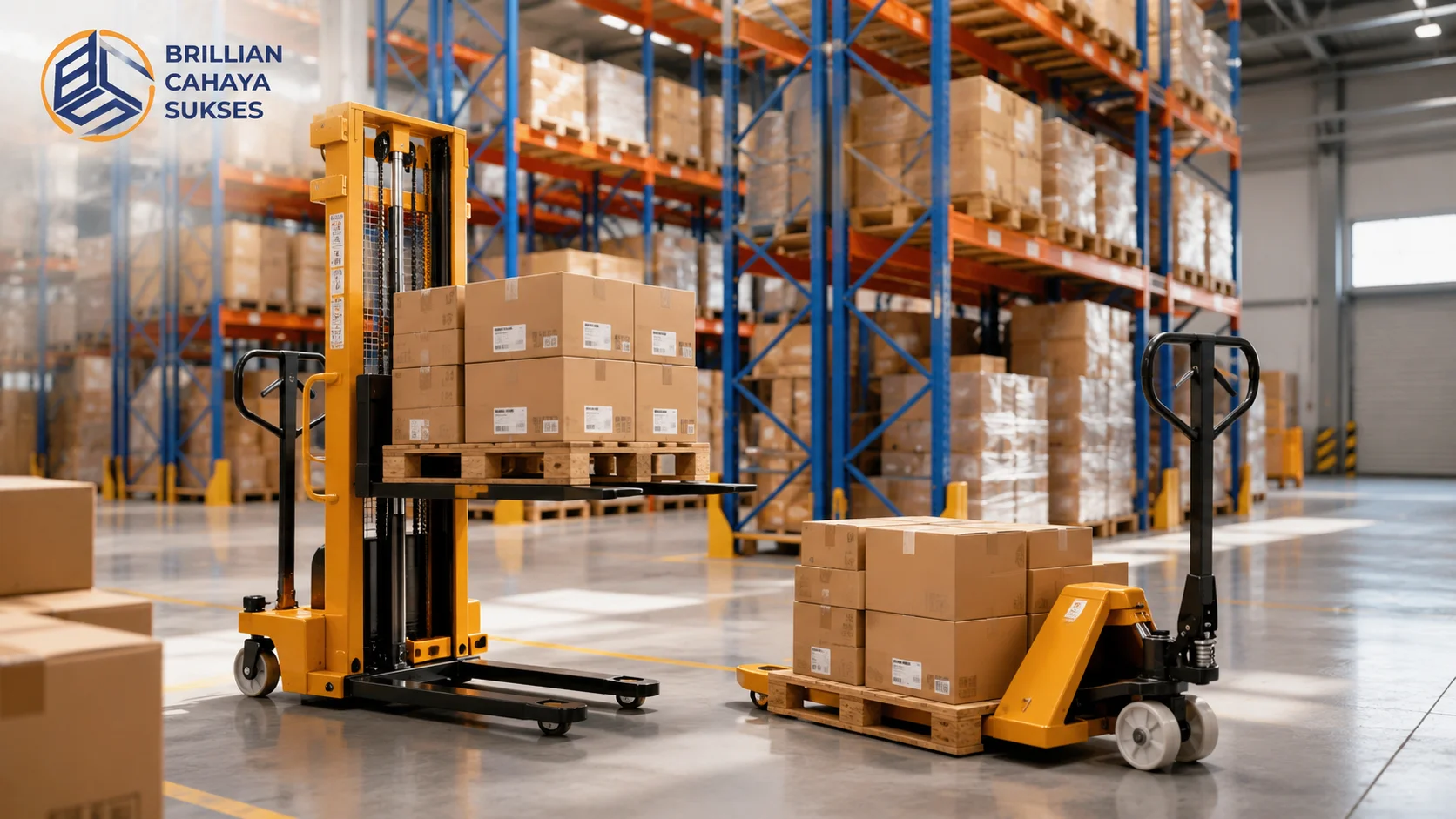 Stacker manual dan hand pallet digunakan untuk mendukung proses material handling yang efisien di area gudang modern.