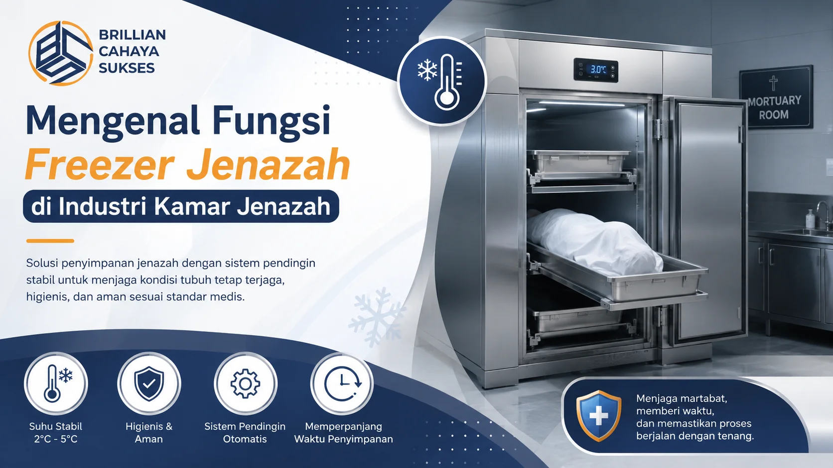 Banner ilustrasi freezer jenazah berbahan stainless steel di ruang kamar jenazah modern dengan sistem pendingin stabil untuk menjaga kondisi jenazah sesuai standar fasilitas kesehatan.