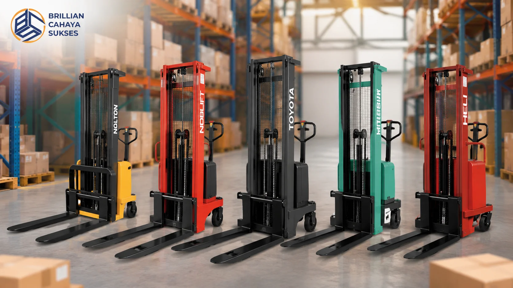 Ilustrasi berbagai merk hand stacker yang banyak digunakan di gudang modern untuk mendukung aktivitas material handling secara efisien.