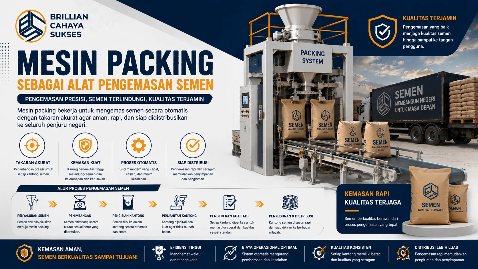 Banner industri semen yang menampilkan mesin packing otomatis untuk proses pengemasan semen, lengkap dengan conveyor, kantong semen siap distribusi, dan ilustrasi sistem pengemasan modern yang mendukung kualitas produk.