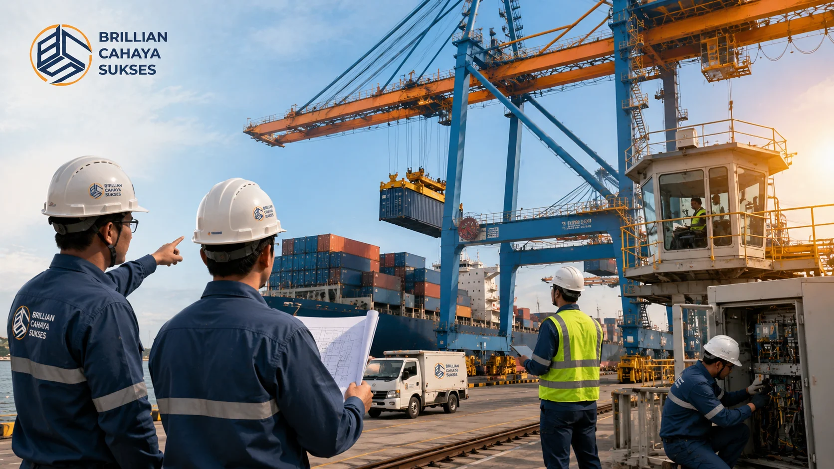 Tim teknis melakukan inspeksi dan pendampingan operasional container crane di area pelabuhan untuk mendukung layanan pengadaan yang profesional.