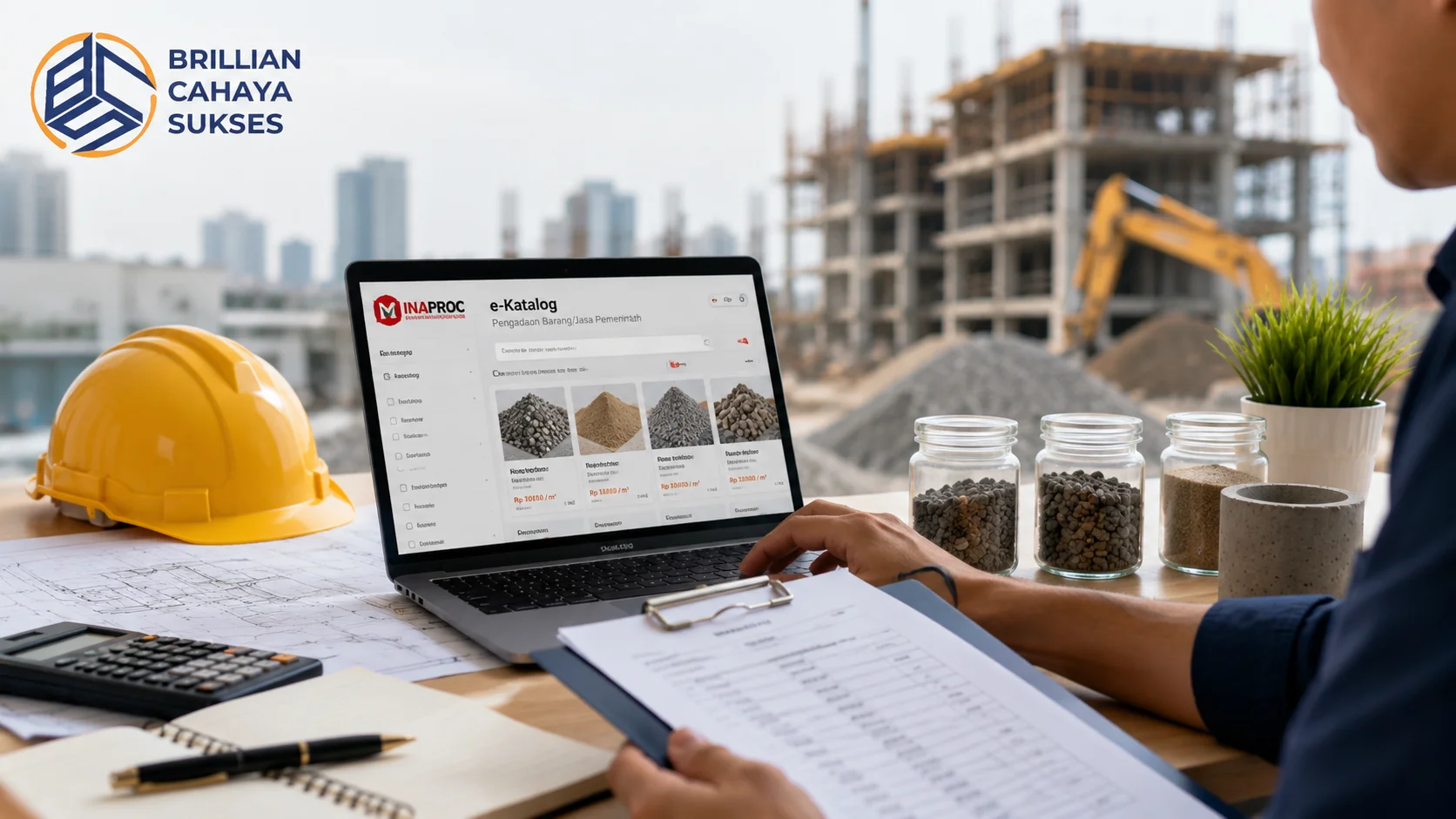 Petugas pengadaan meninjau kebutuhan agregat beton melalui platform e-katalog di area proyek konstruksi, dengan sampel material dan dokumen perencanaan sebagai pendukung proses pengadaan.
