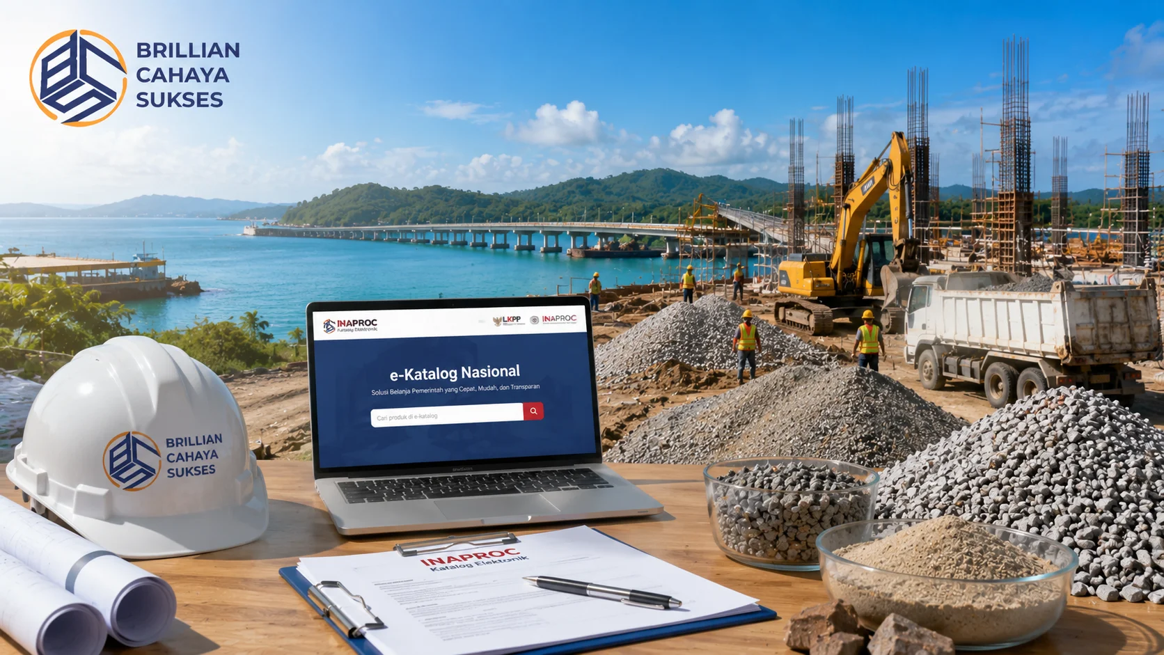 Proses perencanaan pengadaan agregat beton melalui INAPROC dengan dukungan dokumen proyek, material konstruksi, dan aktivitas pembangunan infrastruktur di Kabupaten Lingga.