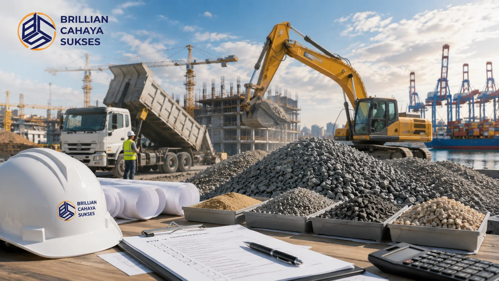 Dokumen pengadaan, sampel agregat beton, dan aktivitas konstruksi di area proyek yang menggambarkan proses pengadaan material melalui INAPROC untuk mendukung pembangunan infrastruktur.