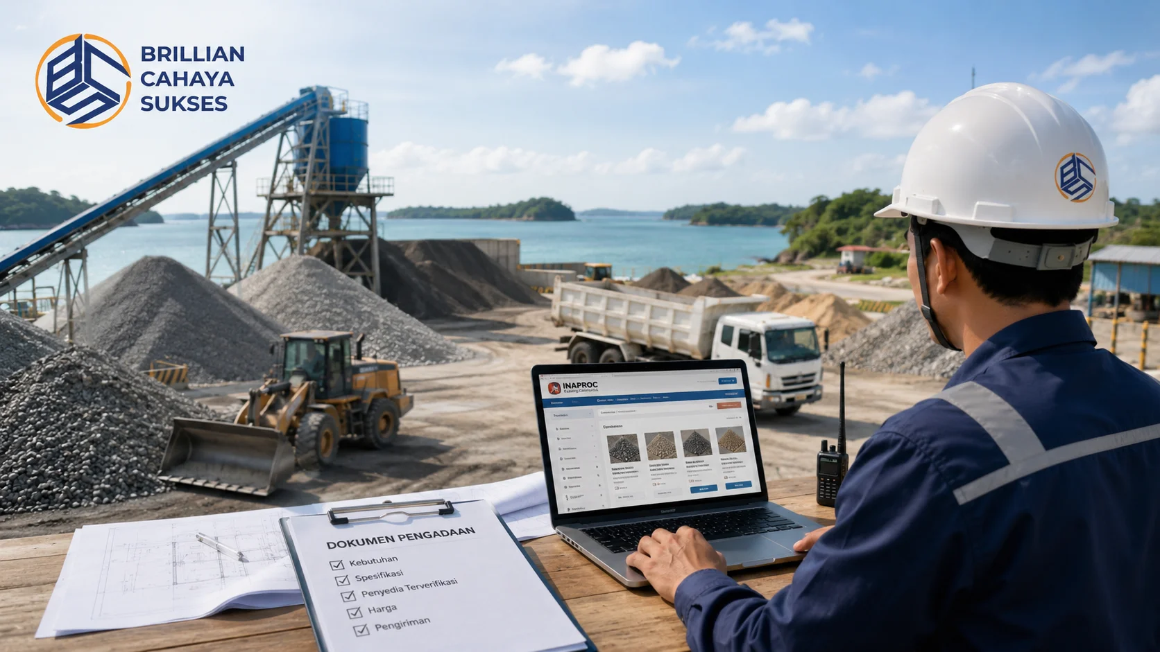 Petugas pengadaan memantau proses distribusi agregat beton di area stockpile sambil mengakses platform INAPROC untuk mendukung kebutuhan proyek konstruksi di Kepulauan Riau.