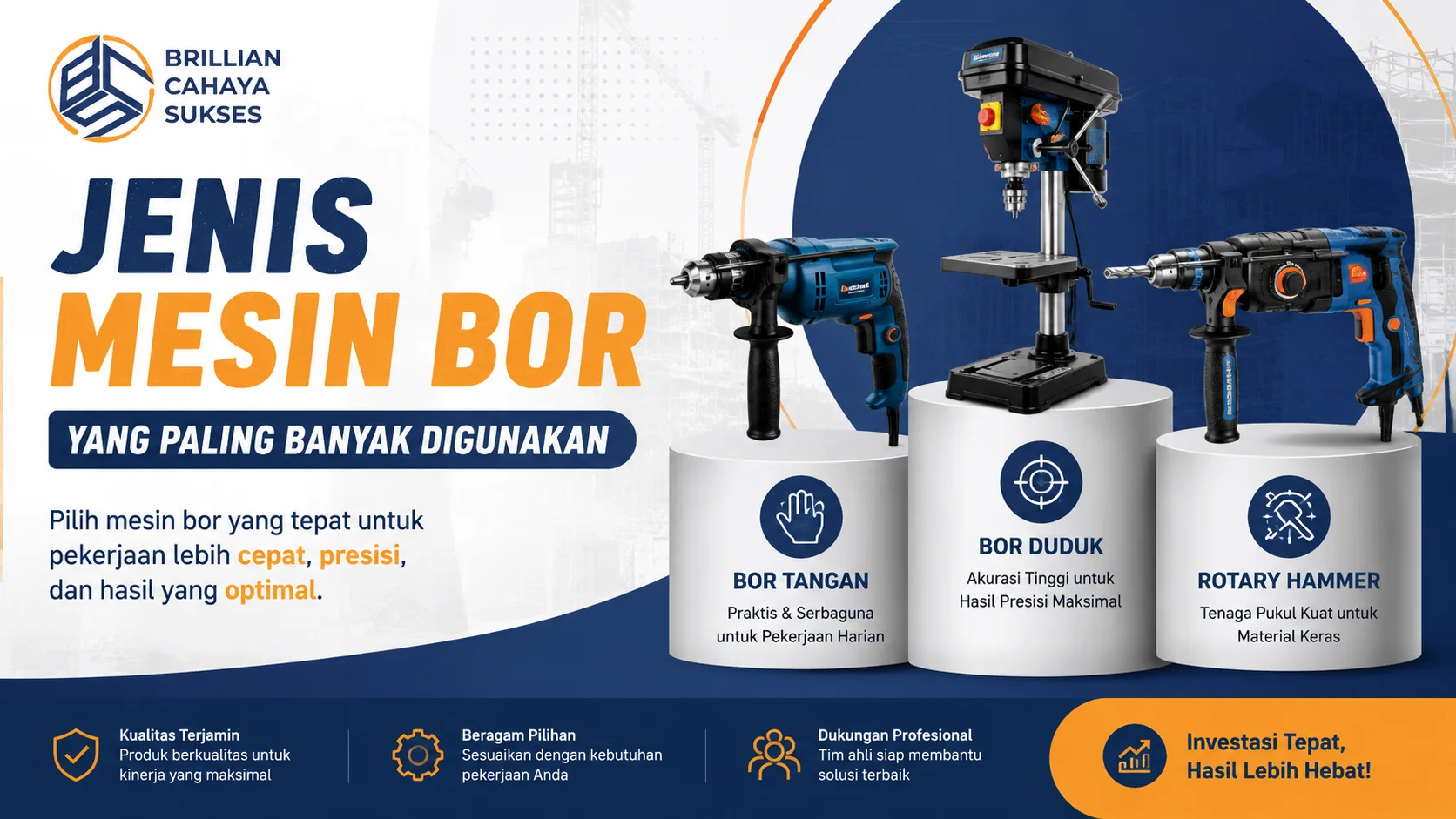 Ilustrasi tiga jenis mesin bor yang paling banyak digunakan, yaitu bor tangan, bor duduk, dan rotary hammer.