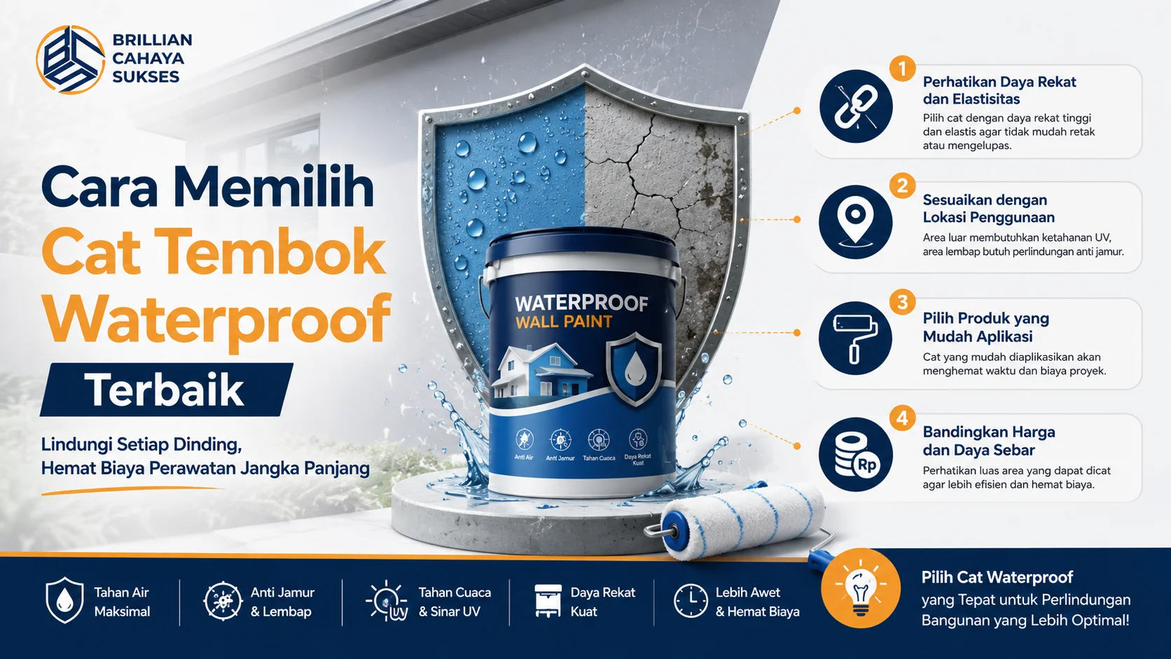 Banner edukatif tentang cara memilih cat tembok waterproof terbaik dengan ilustrasi cat anti air, pelindung dinding, serta poin penting seperti daya rekat, ketahanan cuaca, dan efisiensi penggunaan.