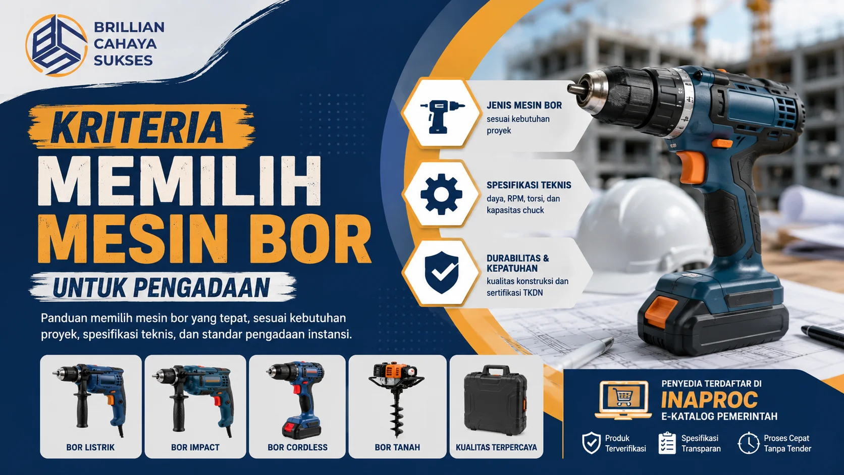 Ilustrasi banner kriteria memilih mesin bor untuk pengadaan instansi melalui Inaproc dengan fokus pada jenis mesin, spesifikasi teknis, dan standar kualitas.