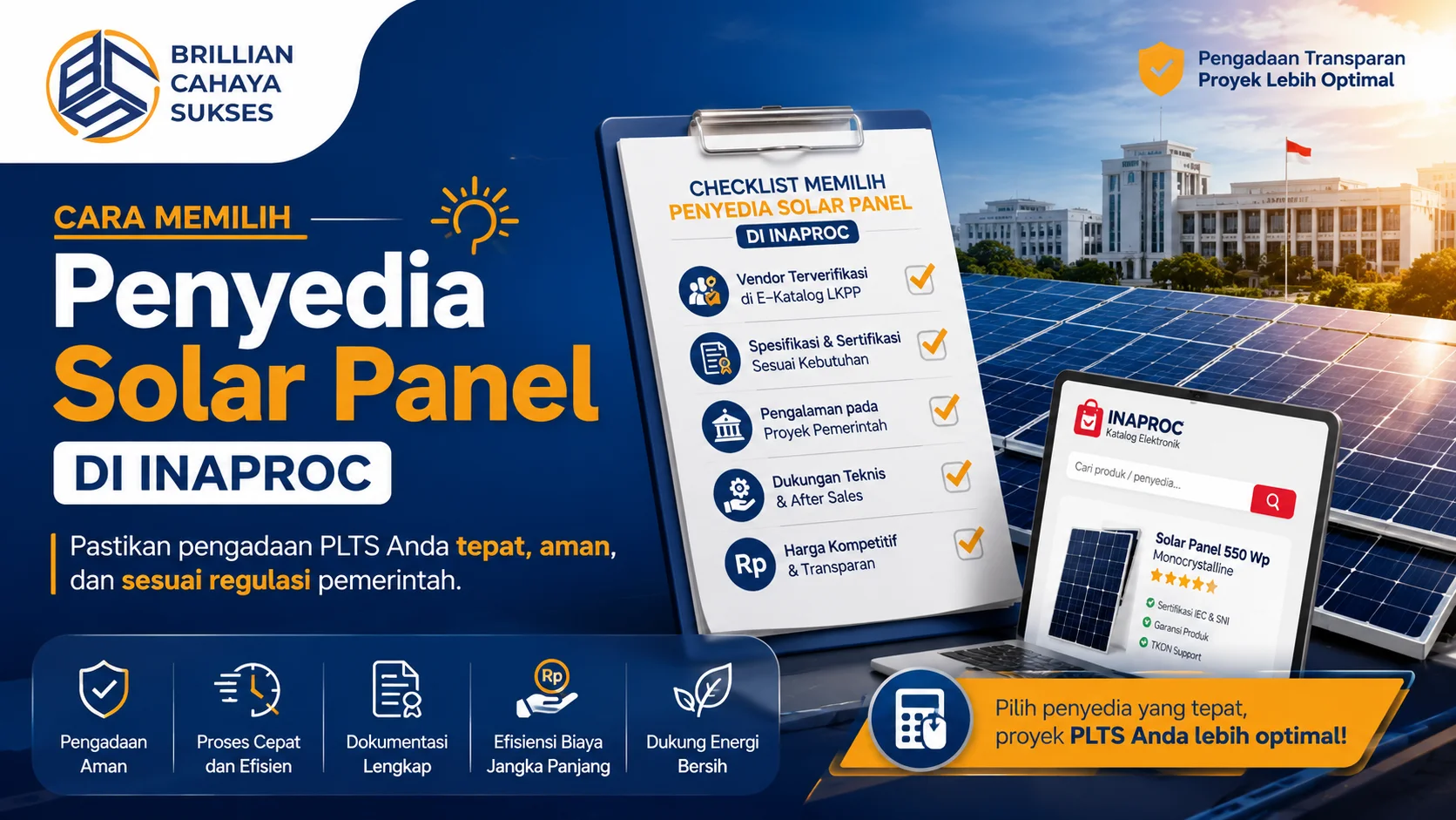 Banner panduan memilih penyedia solar panel di Inaproc dengan ilustrasi panel surya, gedung pemerintahan, serta checklist kriteria vendor terpercaya.