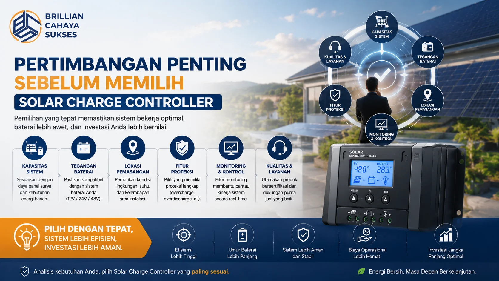 Banner ilustrasi pertimbangan memilih Solar Charge Controller berdasarkan kapasitas sistem, tegangan baterai, fitur proteksi, dan efisiensi untuk mendukung kinerja PLTS.