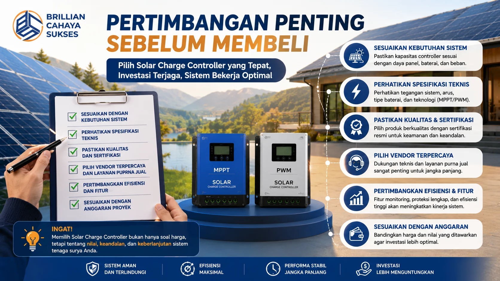 Ilustrasi pertimbangan penting sebelum membeli Solar Charge Controller berdasarkan kapasitas sistem, spesifikasi, efisiensi, dan anggaran.