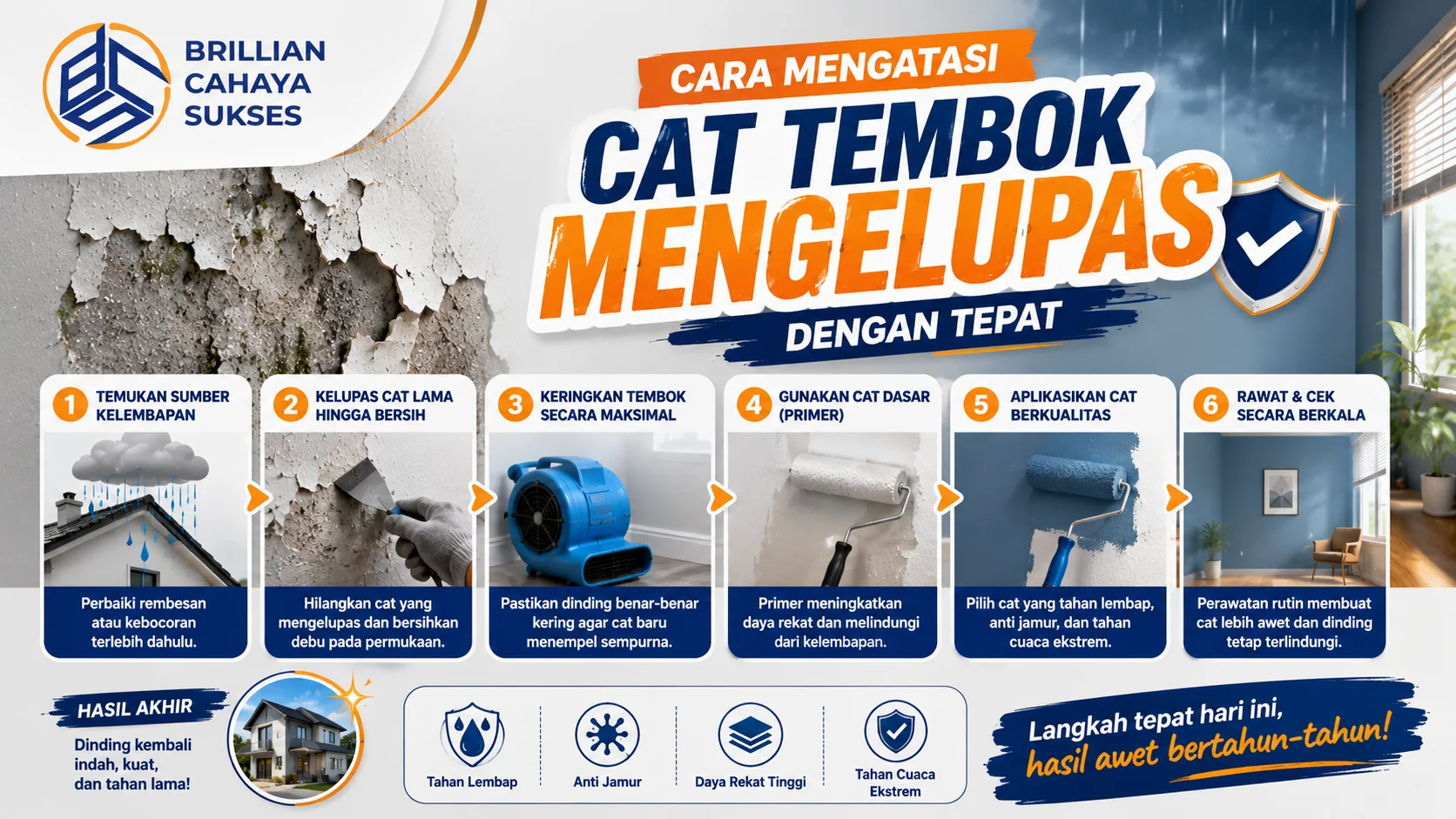 Infografis langkah mengatasi cat tembok mengelupas dengan memperbaiki sumber kelembapan, membersihkan cat lama, mengeringkan dinding, dan menggunakan cat berkualitas agar hasil lebih tahan lama.