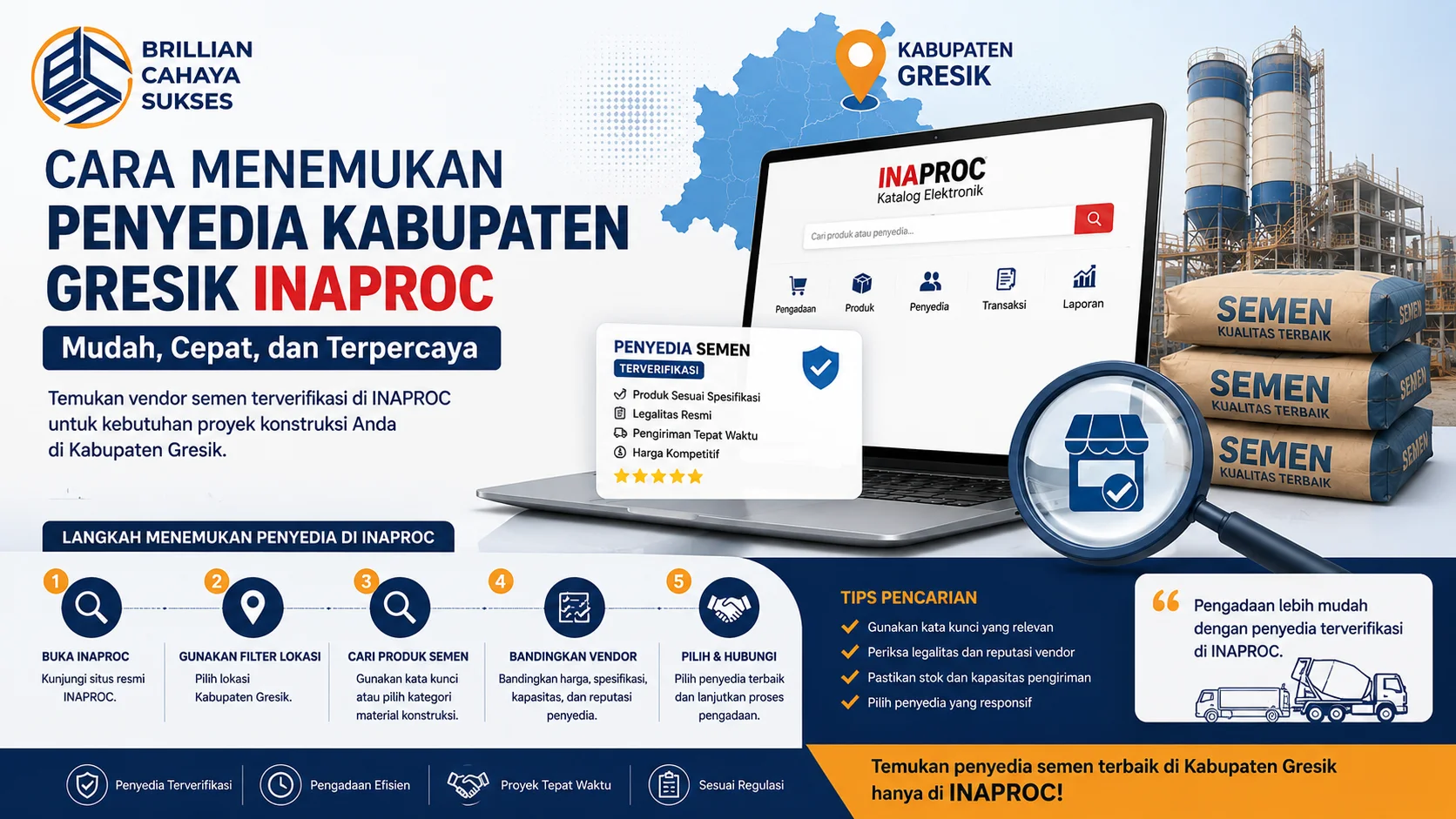 Banner ilustratif tentang cara menemukan penyedia semen Kabupaten Gresik melalui INAPROC, menampilkan pencarian vendor terverifikasi, katalog digital, filter lokasi, dan proses pengadaan yang mudah serta transparan.