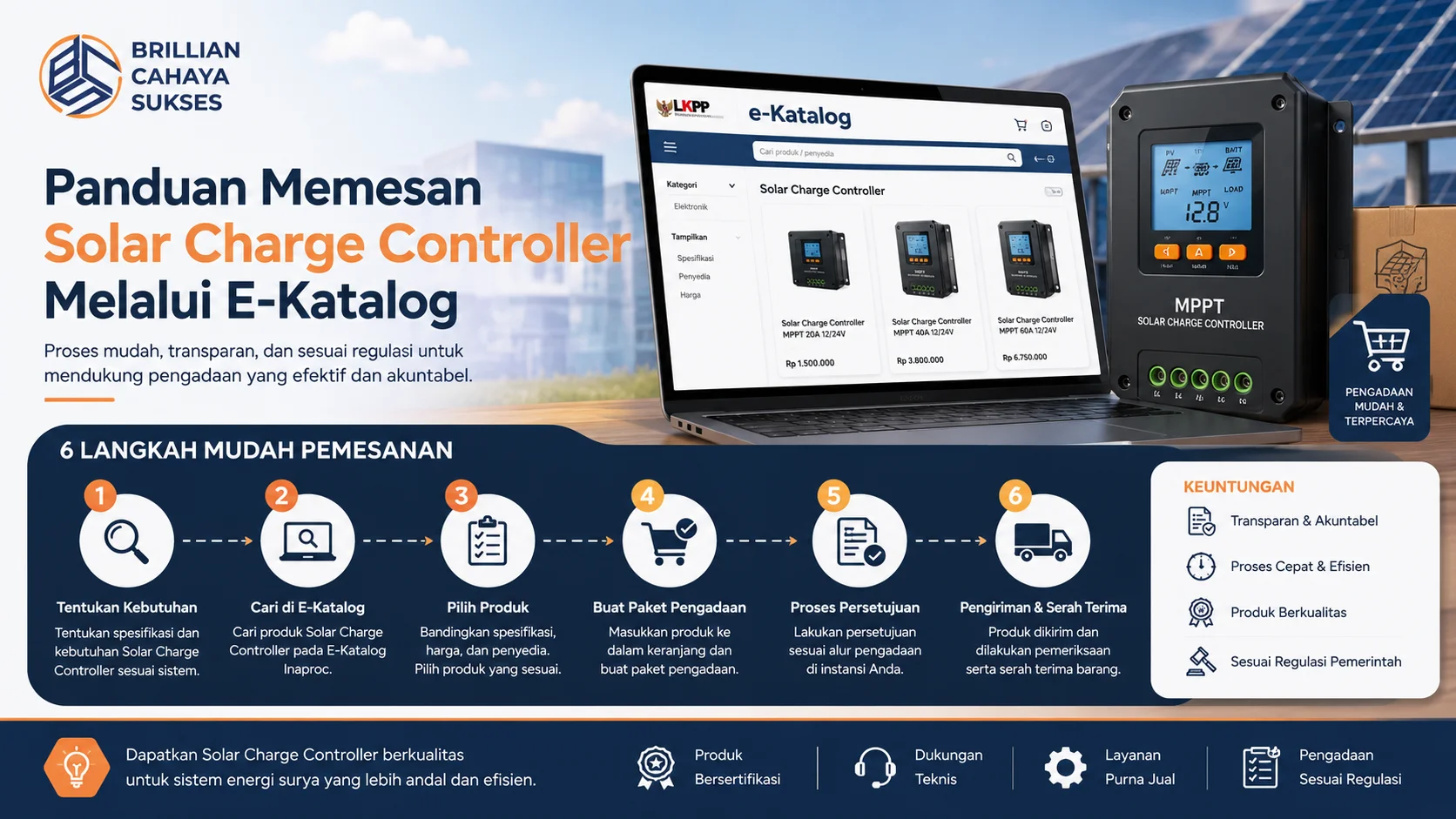 Ilustrasi panduan memesan Solar Charge Controller melalui e-Katalog untuk proses pengadaan yang cepat, transparan, dan sesuai regulasi.