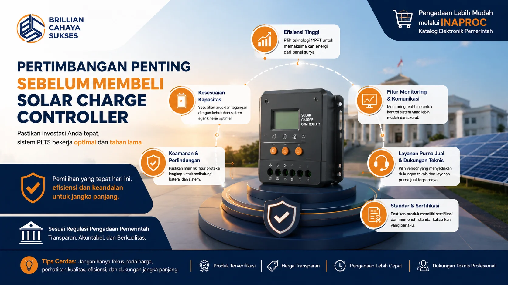 Ilustrasi pertimbangan penting sebelum membeli Solar Charge Controller untuk memastikan efisiensi, keamanan, dan keandalan sistem PLTS.