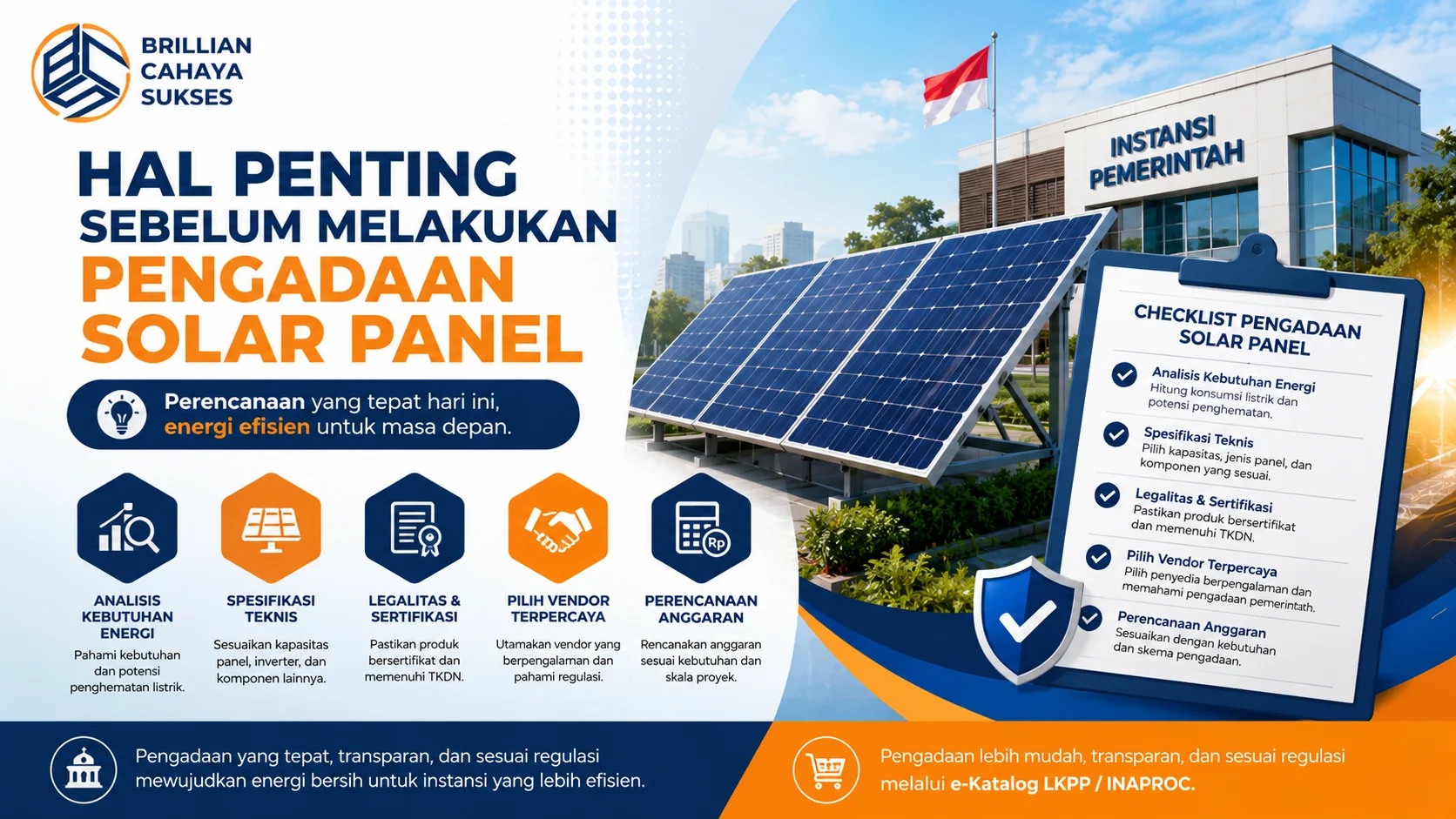 Banner panduan pengadaan solar panel pemerintah yang menampilkan instalasi panel surya, checklist evaluasi proyek, serta poin penting seperti analisis kebutuhan energi, spesifikasi teknis, legalitas, dan pemilihan vendor.