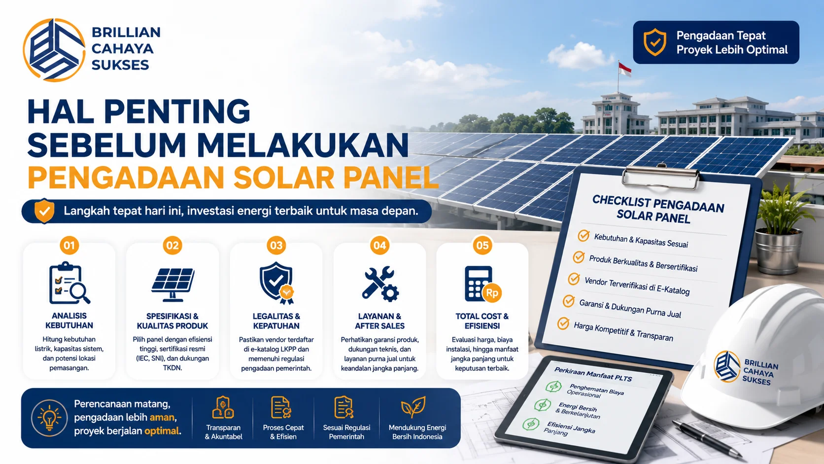 Banner pengadaan solar panel pemerintah yang menampilkan checklist evaluasi kebutuhan, spesifikasi produk, legalitas vendor, dan dukungan purna jual dengan latar instalasi panel surya serta gedung pemerintahan.