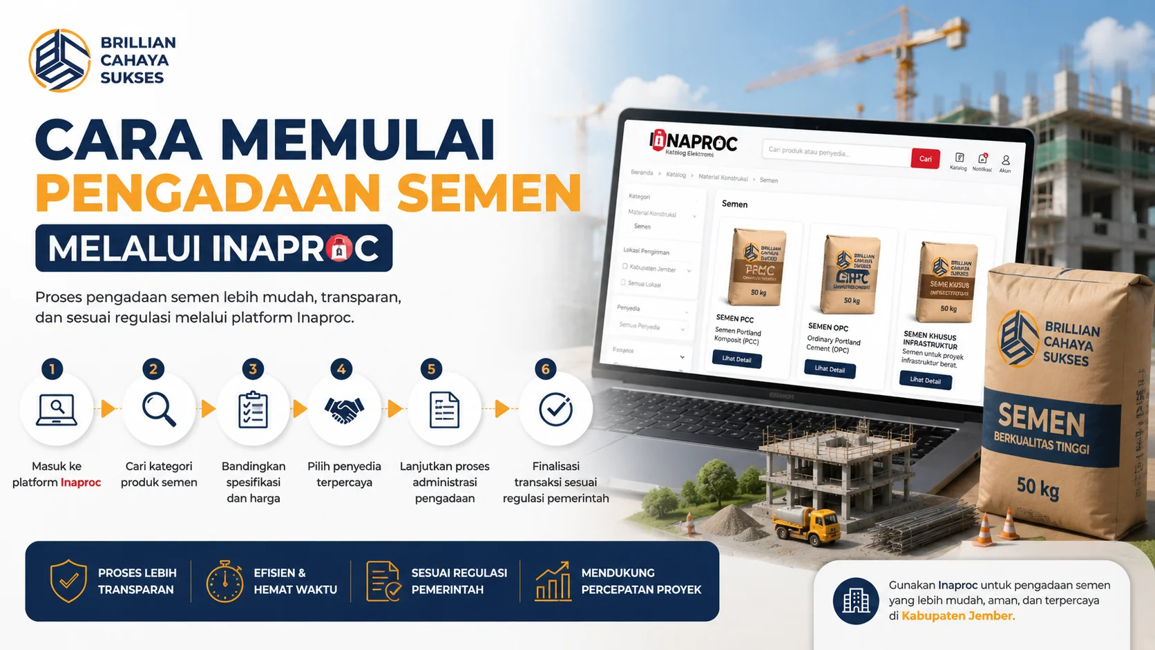 Banner panduan pengadaan semen melalui Inaproc yang menampilkan tahapan pencarian produk, pemilihan penyedia, dan proses administrasi untuk mendukung proyek konstruksi pemerintah di Kabupaten Jember.
