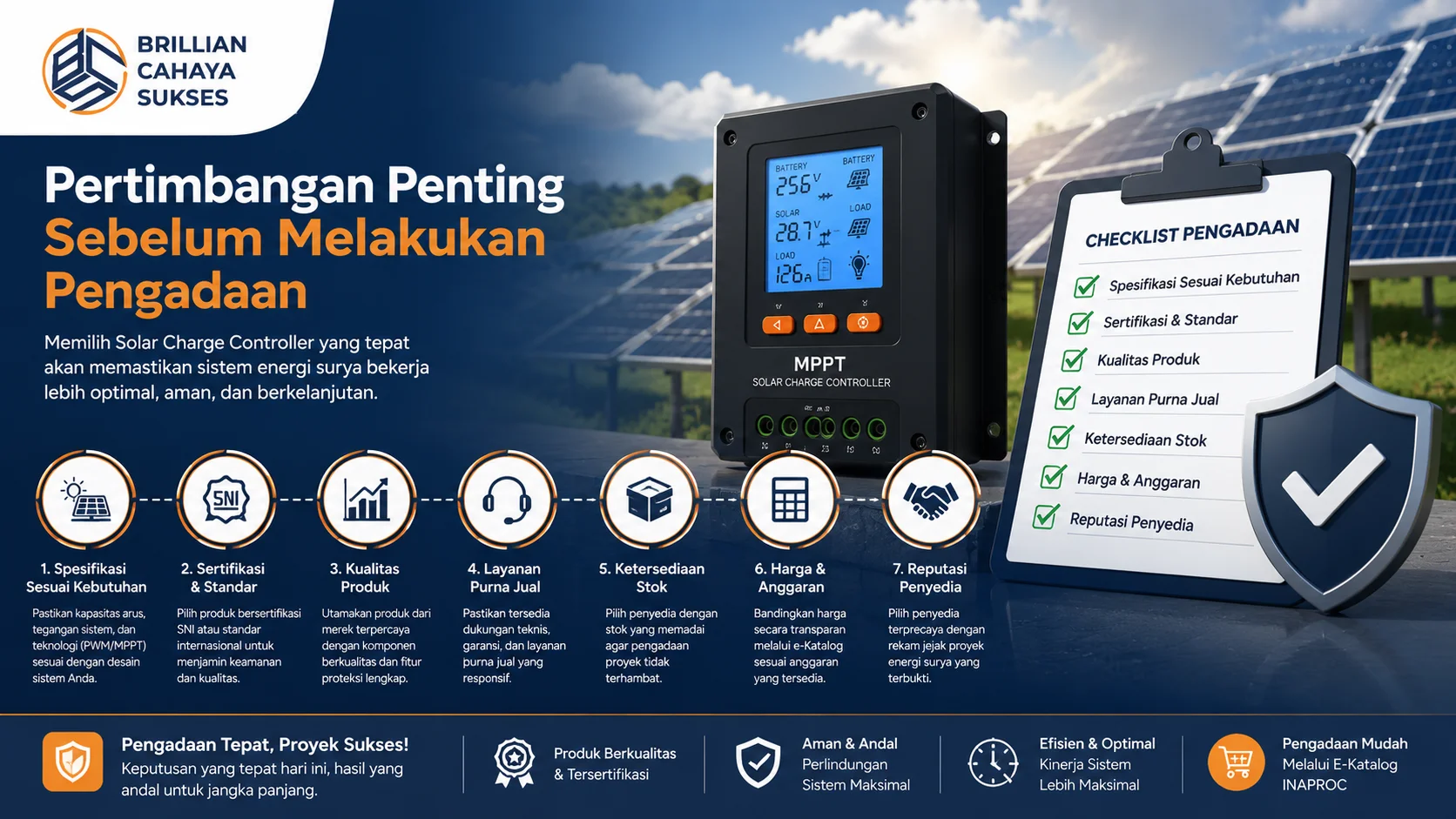 Ilustrasi pertimbangan penting sebelum pengadaan Solar Charge Controller untuk memastikan sistem tenaga surya bekerja optimal dan efisien.