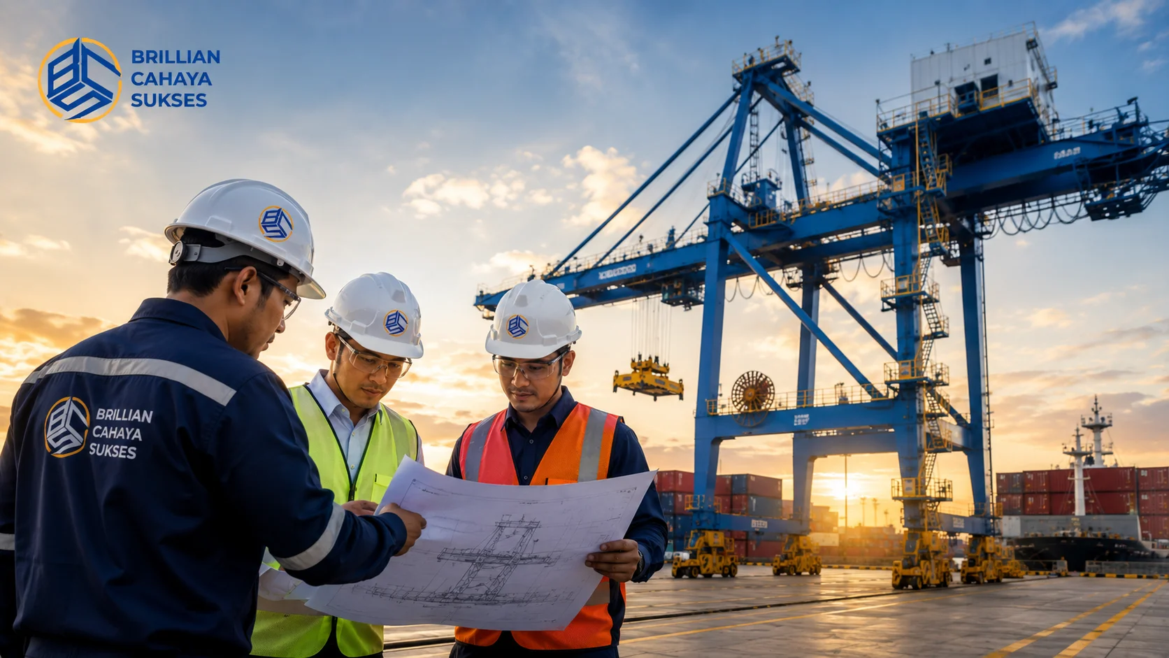 Tim vendor berpengalaman melakukan konsultasi teknis pengadaan container crane di area pelabuhan untuk mendukung operasional bongkar muat.